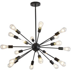 JKLX Mid-Century Sputnik Chandeliers 18-Lights, Modern Semi Flush Mount Ceiling Light Fixture Industrial Retro Hanging Lamps for Kitchen Living Room Dining Bedroom Corridor, Black（Bulb Not Included）