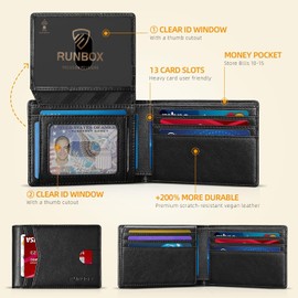 RUNBOX RUNBOX Slim Wallet for Men's Leather Bifold RFID Blocking Wallet with 2 ID Windows Gift Box