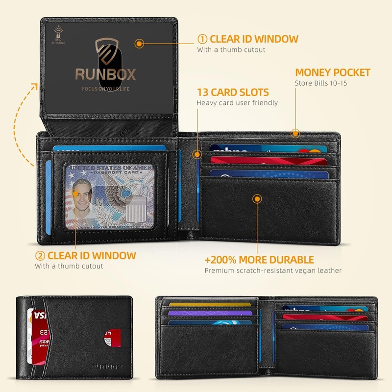 RUNBOX RUNBOX Slim Wallet for Men's Leather Bifold RFID Blocking