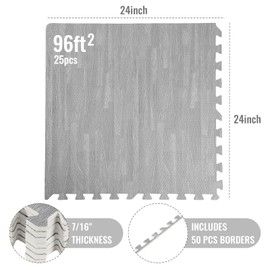 Wood Grain Floor Foam Mats with Border, Wood Printed Interlocking Foam Tiles Anti Fatigue Flooring Mat(24 x 24 Inch, Gray)