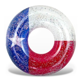 POZA Inflatable Texas Flag Pool Float Giant Tube—Sparkling Silver Star Confetti Texan Patriotic Water Toy, Cool Luxurious Floating Ring for Pool, Beach, or Lake - 48 Inch