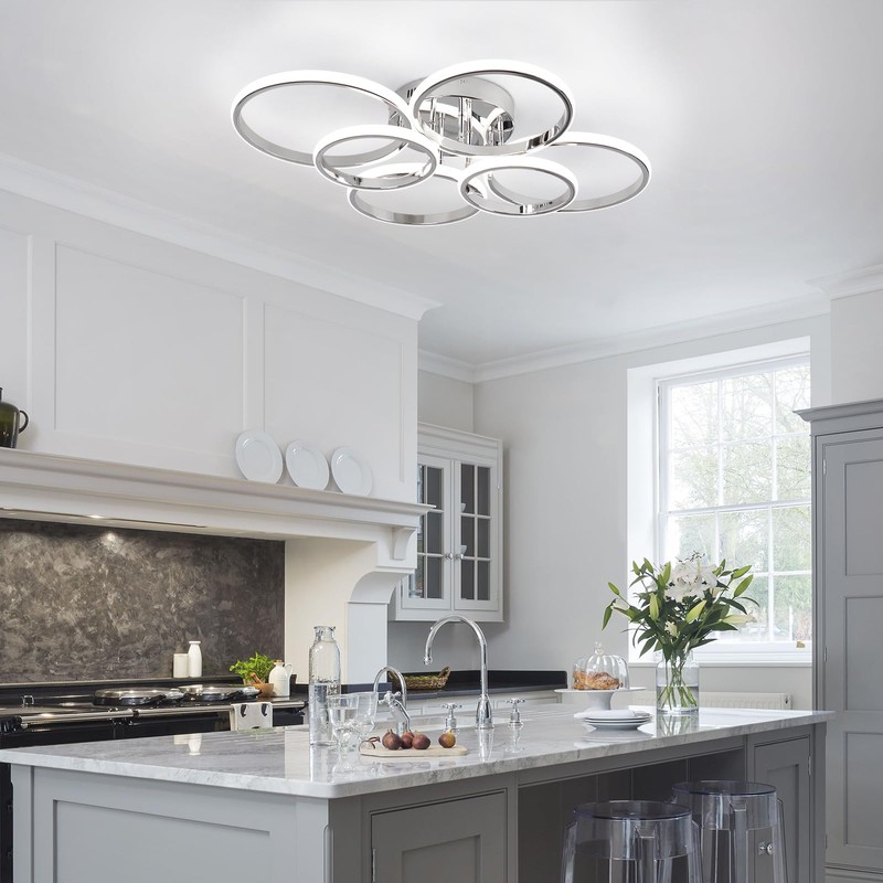 Sovinzert Modern Ceiling Lights, 6 Rings Dimmable Chrome LED Ceiling