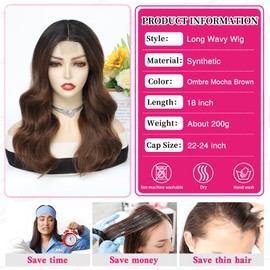 MORICA Long Wavy Wigs for Women 18 Inch Middle Part Curly Wavy Wig Natural Looking Synthetic Heat Resistant Fiber for Daily Party Use (Ombre Mocha Brown, 18 Inch)
