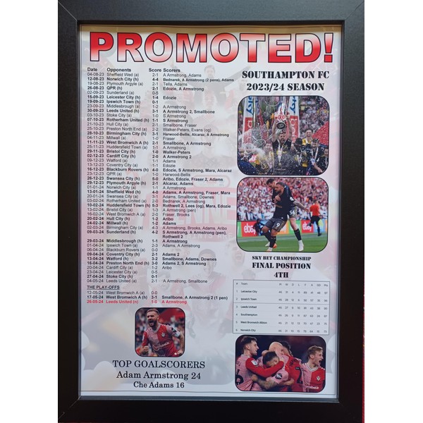 Assorted Southampton promoted from Championship 2024 play-offs - framed print