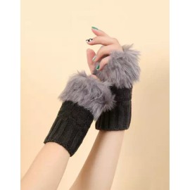 Unbranded Women Fingerless Gloves Faux Fur Gray Knitted Fall Winter Pattern Warmer Wrist