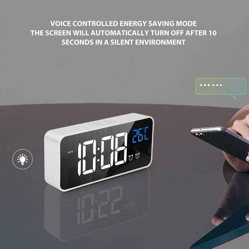 Mirror LED Alarm Clock Two Sets of Alarm Rechargeable Voice