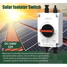 Solar Isolator Switch, 32A 1200V PV DC Isolator Switch Solar Panel, IP66 Waterproof UV Protected Outdoor Miniature Circuit Breaker Isolation for RV Marine Home, MC4 Connectors