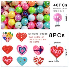 Silicone Focal Heart Beads with 16mm Large Acrylic Beads for Beadable Pens 48PCs, Large Ball Pen Charm Bubblegum Beads Kit for DIY Pens Keychain Crafts (Heart Red)