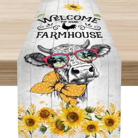 Camino de mesa de vaca de granja, rústico amarillo girasol floral, animales de búfalo, primavera, café, granja, centro de mesa para cocina familiar y sala de estar, decoración de mesa de fiesta, campo
