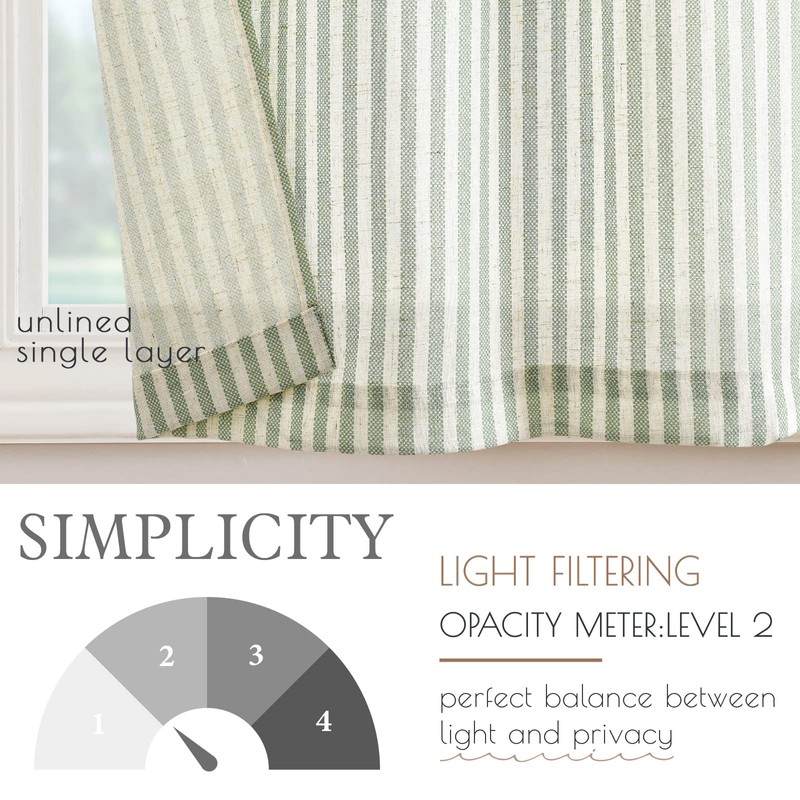 TOPICK Green Striped Small Curtains 24 Inch Drop Linen Kitchen