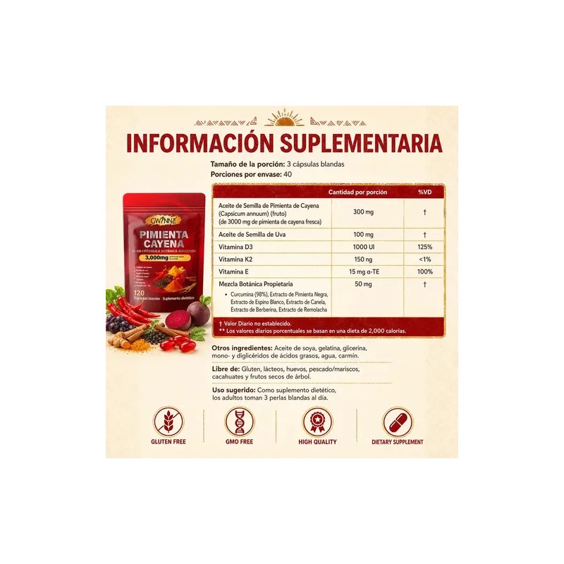 Gwynne Suplemento Dietético 12 en 1 con Pimienta Cayenne, Berberina,