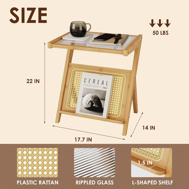 Bamworld Rattan Side Table Boho Night Stand Glass Bedside Small