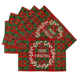 Christmas Holiday Merry Christmas Placemats, Set of Six (6) Colorful Tapestry Weave Fabric, for Holiday's, Thanksgiving, Winter, Christmas