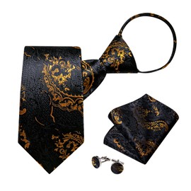 DiBanGu Mens Adjustable Zipper Ties, Woven Paisley Striped Plaid Necktie and Pocket Square Cufflinks Set Pre-tied Wedding Tie, Black Gold Paisley, One Size