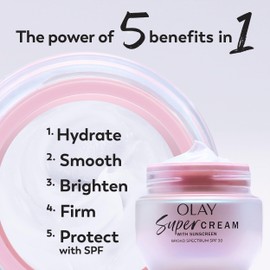 Olay Super Cream with Sunscreen SPF 30, Lightweight Face Moisturizer with Sun Protection, 5-in-1 Skin Care Benefits - Hydrating, Brightening, Firming - Niacinamide, Vitamin C, Collagen Peptide, 1.7 oz