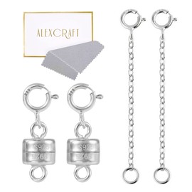 4 Pcs Chain Extenders for Necklaces 925 Sterling Silver Magnetic Clasp | White Gold Plated Spring Clasp Extension for Bracelet Anklet Jewellery Making