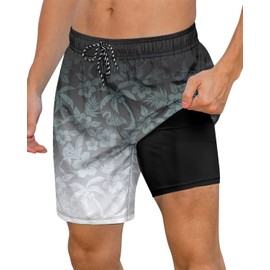 Cozople Mens Swim Trunks with Boxer Brief Liner Swimwear Summer Quick Dry 2 in 1 7 inch Swimming Shorts Tropical Pattern Bathing Suit Inner Compression with Phone Pocket