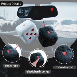 Heart Shaped Vintage Embroidered Fuzzy Plush Dice, Pair 3” Heart Shaped Hanging Dice Ornaments, New Car Decorative Vintage Accessories for Car Interior Rearview Mirror(Black and White Color)