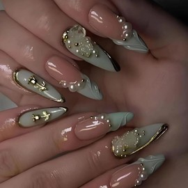 BABALAL Long Stiletto Nails Press on Green Fake Nails French Tip Glue on Nails with Rose Charm Luxury Acrylic Nails Flower False Nails with Design 24Pcs Almond Handmade Stick on Nails for Women Girls