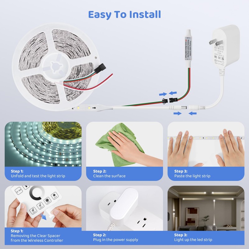 HOUHUI White LED Strip Lights 65.6Ft, 6500K White Running Water