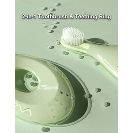 BOVELLA Baby Toothbrush & Teether, Silicone Teething Relief, Baby Tongue Cleaner, Extra Soft Bristle Toddler Training Toothbrush with Storage case, BPA Free, Adjustable Safety Shield – Green