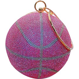 QZUnique Basketball Crossbody Purse Rhinestones Evening Clutch Women Round Ball Handbag Glitter Shoulder Bag for Weeding Party Pink