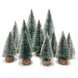 Cosmpeak Pack of 12 Mini Green Christmas Tree with Snow Effect, Miniature Small Table Christmas Tree, Artificial Miniature Christmas Tree, Mini Christmas Tree for Table, DIY, Shop Window