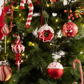 Valery Madelyn Christmas Tree Ornaments Set, 80ct Candy Cane Red and White Shatterproof Christmas Tree Decorations Bulk, Decorative Hanging Ball Ornaments for Xmas Trees Holiday Party Decor