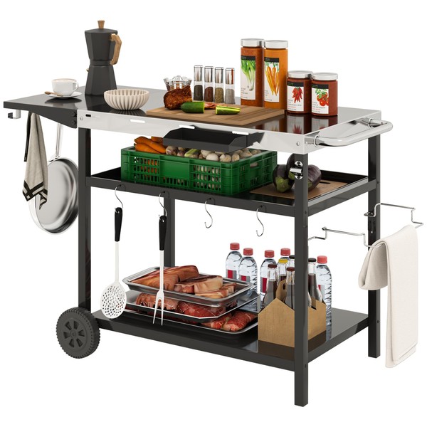 Outsunny Outdoor Grill Cart with Stainless Steel Tabletop, Three-Shelf Movable