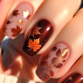 24Pcs Fall Press On Nails Square Fake Nails Short Glitter Nails Retro Dark Maple Leaf False Set French Nails Thanksgiving Press On Stick On Nail Full Cover Artificial Nail Autumn for Women DIY