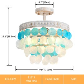 ElegLumi White Blue Capiz Shell Ceiling Light, Capiz Shell Chandeliers for Dining Room, Living Room, Bedroom, Hallway, D12.6'' × H13.4'', 3 * E12 Sockets, White Finish Frame & White Blue Shell