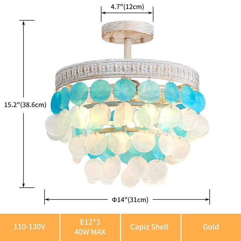 ElegLumi White Blue Capiz Shell Ceiling Light, Capiz Shell Chandeliers