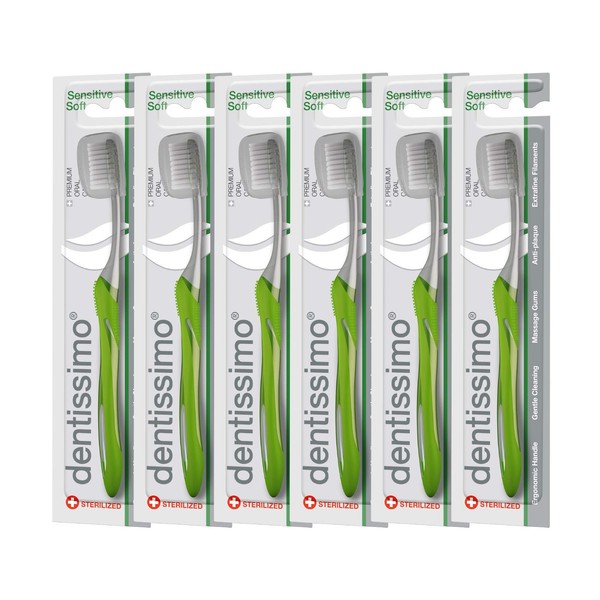 DENTISSIMO SWISS BIODENT Premium Oral Care Sensitive Soft Toothbrush for Gentle Cleansing, Green, Pack of 6