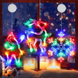 3Pcs Christmas Window Lights, Battery Powered Christmas Window Hanging Decorations Reindeer & Christmas Tree & Snowflake Shaped Indoor Lights with Suction Cup, Timer for Christmas New Year Home Decor