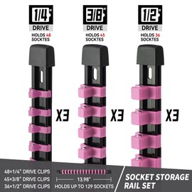 Reniteco 9-Piece Socket Organizer Set - 1/4-Inch x 48 Clips, 3/8-Inch x 45 Clips, 1/2-Inch x 36 Clips, Heavy Duty ABS Socket Holder, Premium Quality Socket Clip Rail Holder for Tool Box Drawer