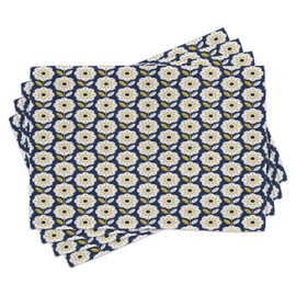 ABAKUHAUS Flowers Place Mats, Eight Petal Flowers, Washable Fabric Dining Room Kitchen Table Decoration Digital Print, Dark Blue Mustard