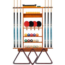 Billmart Wall Mount Pool Stick Holder, 2-in-1 Pool Stick & Ping Pong Paddle Holder, Solid Wood Cue Rack with Storage for Pool Table Accessories, Amber