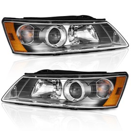 WEELMOTO Headlights for 2006-2008 Hyundai Sonata, Headlamp Assembly Replacement for 06 07 08 Sonata Black Housing Amber Reflector with Bulbs