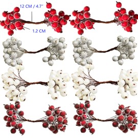 Joakaui 320 Pcs 4 Colors Christmas Holly Berries, Mini Christmas Frosted Berry Artificial Holly Berries for Wreath Garland Making Flower Decor for Christmas Tree Table Decoration