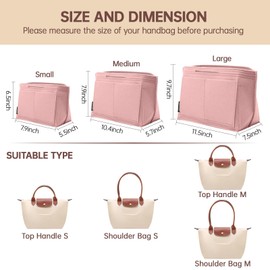 OPPOSHE Purse Organizer Insert for Longchamp Le Pliage, Premium Felt Long Champ Bag Handbag Women, Tote Organizer Insert with 9 Compartments (Medium, Pink)