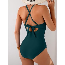B2prity Women's One Piece Swimsuits Tummy Control Front Cross Bathing Suits Tie Back Slimming V Neck Swimwear(Green)