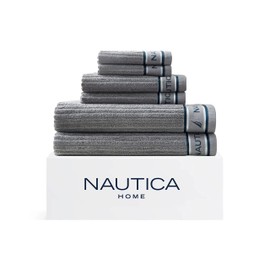 Nautica - 6 Piece Bath Towels Set, Soft Absorbent Cotton, Medium Weight Bathroom Decor, Oeko-Tex Certified (Signature Grey, 6 Piece)