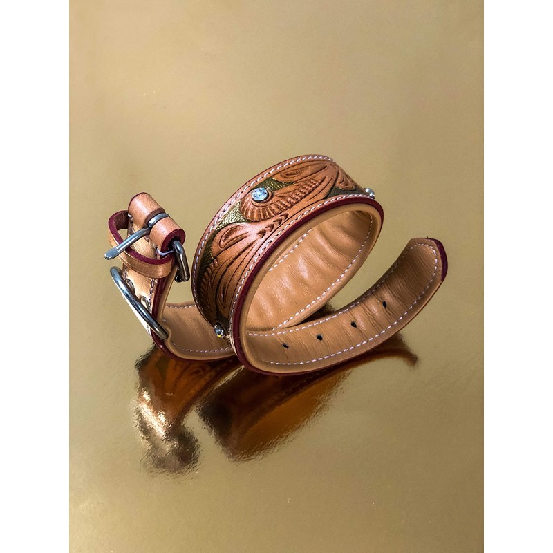 MICHUR GOLDENEYE,dog collar, leather collar, beige leather with golden press