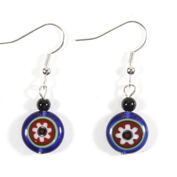 "Flower Power" Blue and Red Boho Millefiori Earrings, Dangle 1.25
