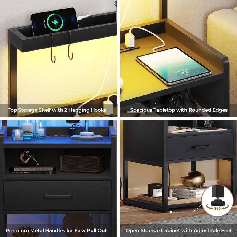 VIAGDO Night Stand Set 2 with Charging Station and LED