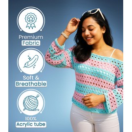 Novelle Fashion Crochet Tops for Women Off The Shoulder Sweater - Long Sleeve Summer Tops for Women - Crochet Coverup with Flared Sleeves for Spring Style Blue - Medium