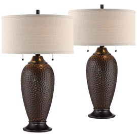 360 Lighting Cody Modern Industrial Rustic Table Lamps 26" High Set of 2 Hammered Oiled Bronze Brown Oatmeal Linen Drum Shade for Living Room Bedroom House Bedside Nightstand Home Office
