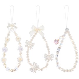 Lusofie 3pcs Phone Charms Strap with Butterfly Bow Knot White Phone Charms Beaded Camera Wrist Strap Women Girls Pearl Bracelet Wrist Strap Y2k for Wallet Universal Phone Cute Chain for Kindle Charms