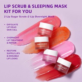 ANRCOLLECT Exfoliante Y Mascarilla Labial - Kit De Cuidado Labial De Tratamiento Nocturno Con 2 Exfoliantes Labiales Y 2 Bálsamos Labiales Nocturnos, Set De Hidratación Intensa Para Labios Secos, Agri