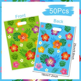 Aposwow Hawaiian Luau Party Favor Bags - 50 Pcs Hibiscus Flower Goodie Candy Gifts Bags Tropical Tiki Plastic Treat Favor Supplies Summer Moana Decorations For Hawaiian Luau Party